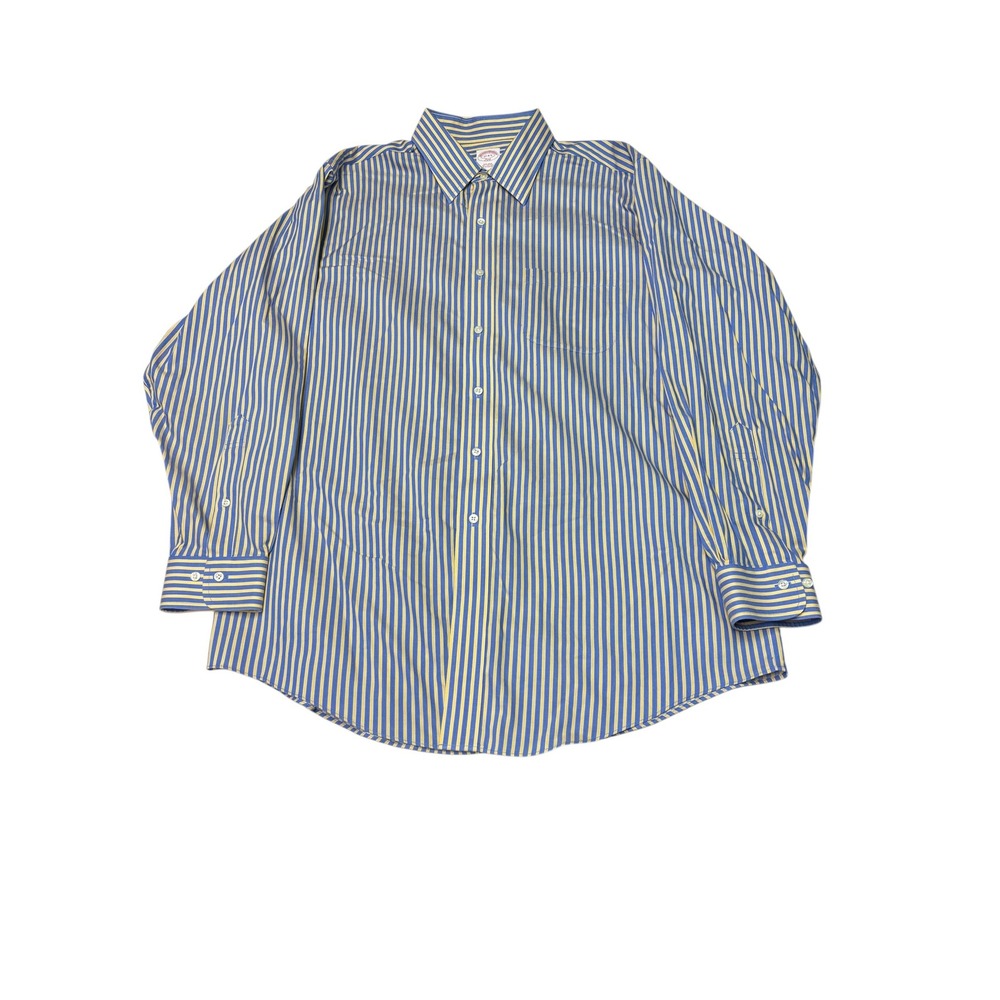 Brooks Brothers 346 Mens Dress Shirt 17 4/5 Blue Yellow Striped Non-Iron Cotton